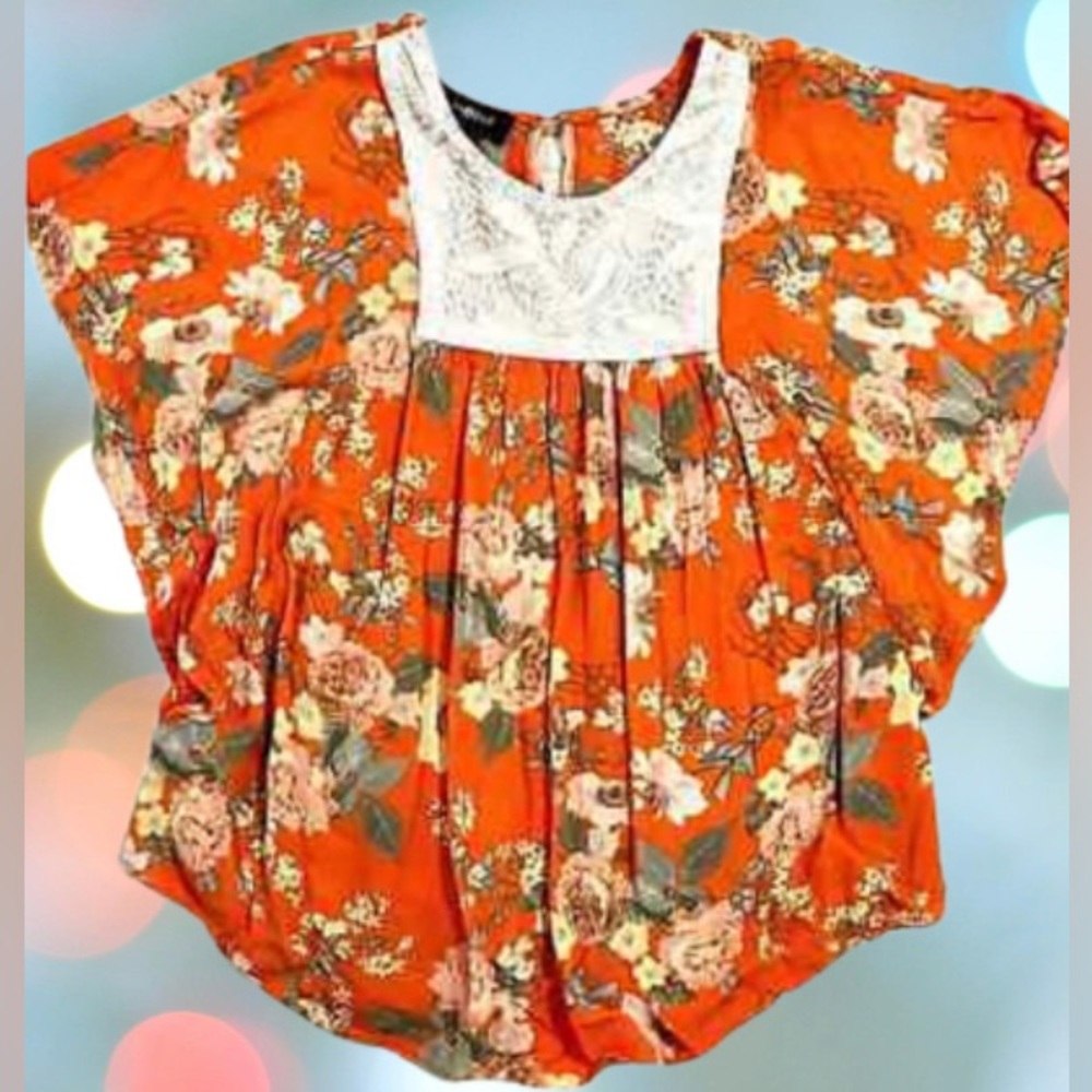 BY & BY GIRL Peasant Blouse w/ Boho Necklace Orange Floral Lace Bib Inset